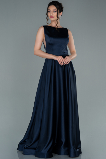Robe de Soirée Longue Satin Bleu Marine ABU2350