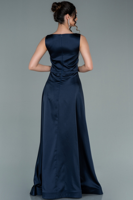 Robe de Soirée Longue Satin Bleu Marine ABU2350