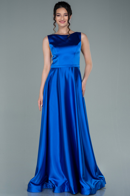 Robe de Soirée Longue Satin Bleu Saxe ABU2350