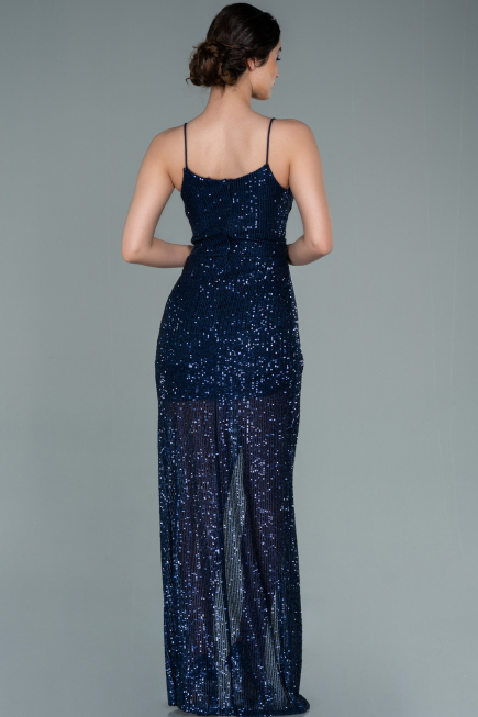 Robe De Soirée Squameuse Longue Bleu Marine ABU1880