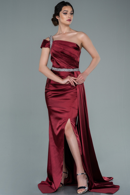 Robe de Soirée Longue Satin Rouge Bordeaux ABU2363
