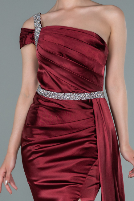 Robe de Soirée Longue Satin Rouge Bordeaux ABU2363