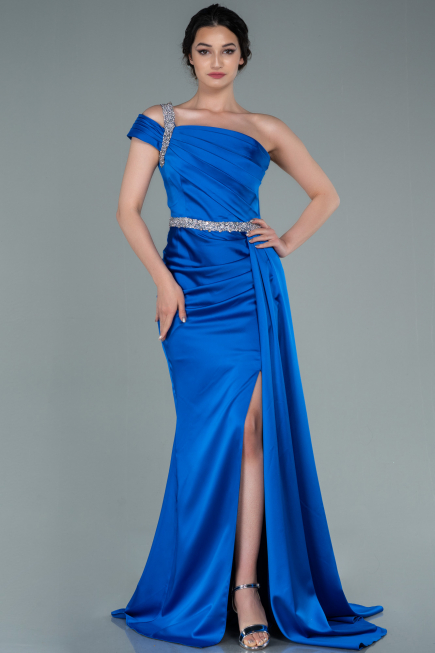 Robe de Soirée Longue Satin Bleu Saxe ABU2363