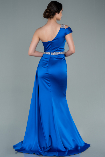 Robe de Soirée Longue Satin Bleu Saxe ABU2363