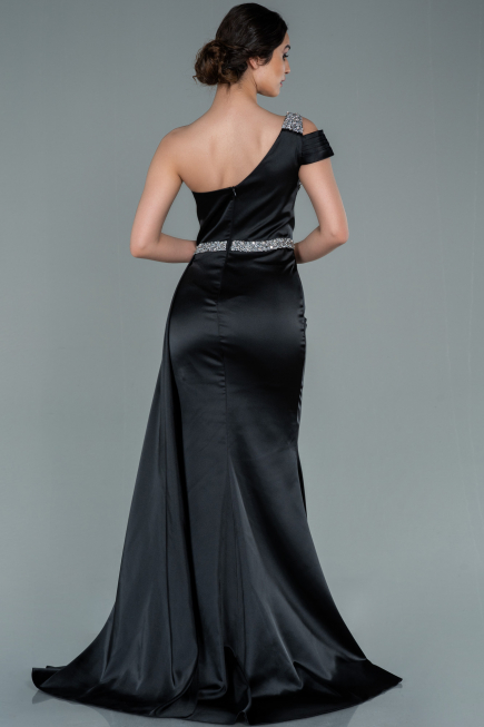 Robe de Soirée Longue Satin Noir ABU2363