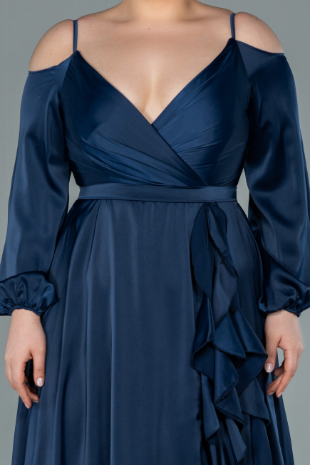 Robe Grande Taille Longue Satin Bleu Marine ABU2358