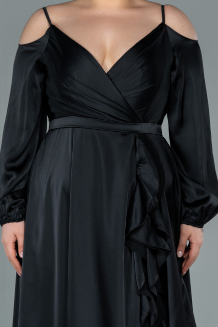 Robe Grande Taille Longue Satin Noir ABU2358