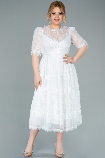 Robe de Soirée Grande Taille Midi Dantelle Blanc ABK1396