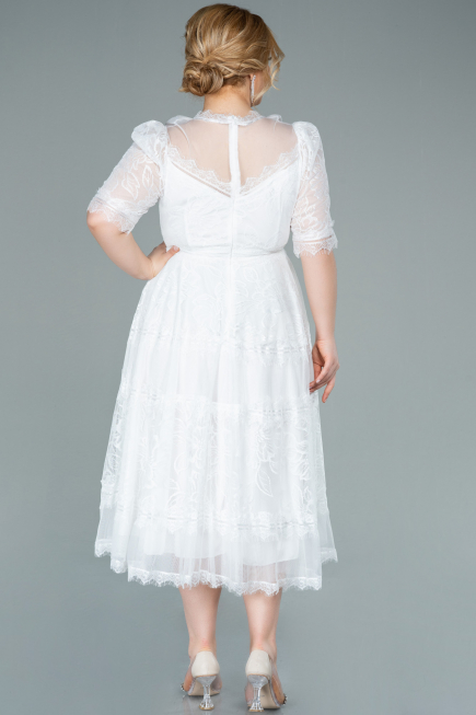 Robe de Soirée Grande Taille Midi Dantelle Blanc ABK1396