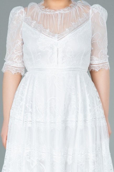 Robe de Soirée Grande Taille Midi Dantelle Blanc ABK1396