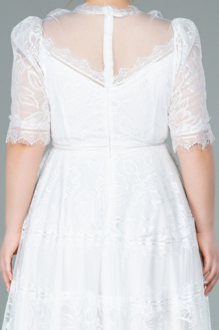 Robe de Soirée Grande Taille Midi Dantelle Blanc ABK1396