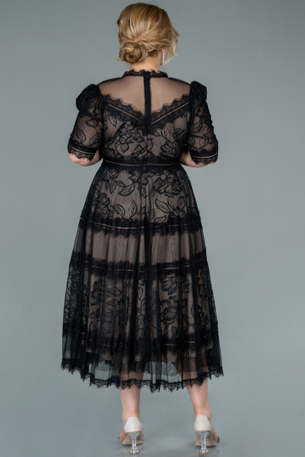 Robe de Soirée Grande Taille Midi Dantelle Noir ABK1396