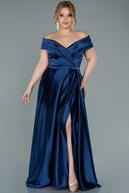 Robe de Soirée Grande Taille Longue Satin Bleu Marine ABU2355