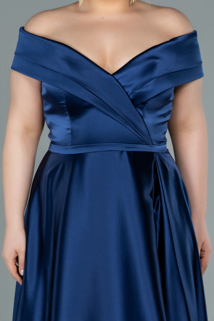 Robe de Soirée Grande Taille Longue Satin Bleu Marine ABU2355