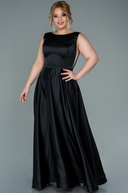 Robe de Soirée Grande Taille Longue Satin Noir ABU2356