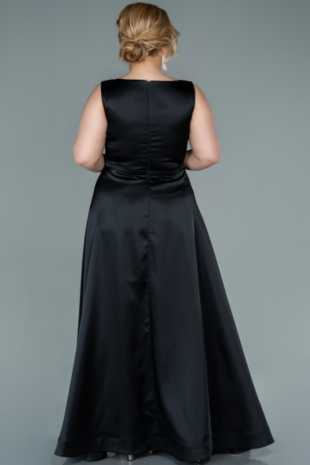 Robe de Soirée Grande Taille Longue Satin Noir ABU2356