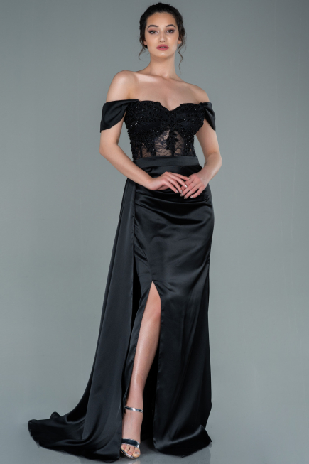 Robe de Soirée Longue Satin Noir ABU2374