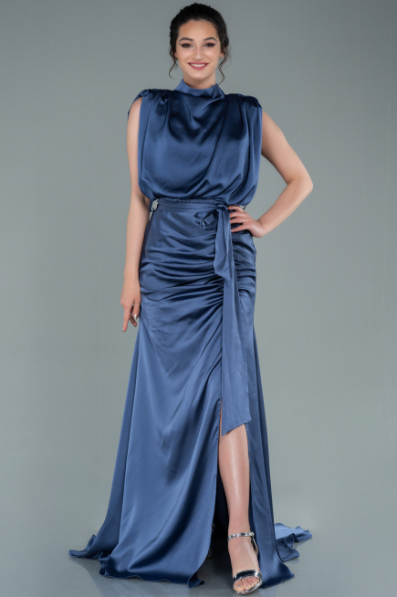 Robe De Soirée Satin Longue Gris-Indigo ABU2133