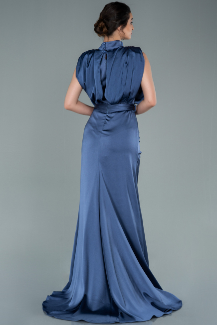 Robe De Soirée Satin Longue Gris-Indigo ABU2133
