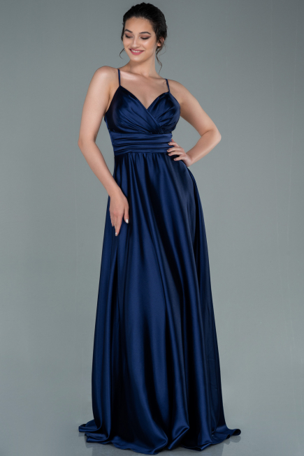 Robe de Soirée Longue Satin Bleu Marine ABU2375