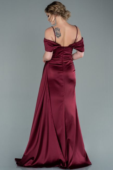Robe de Soirée Longue Satin Rouge Bordeaux ABU2379