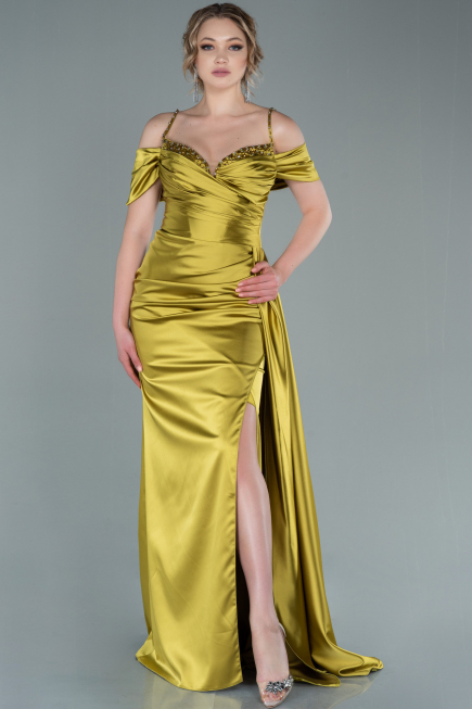 Robe de Soirée Longue Satin Pistache vert ABU2379