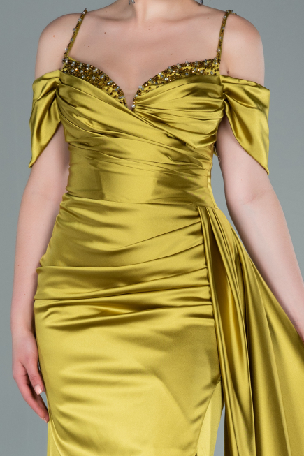 Robe de Soirée Longue Satin Pistache vert ABU2379