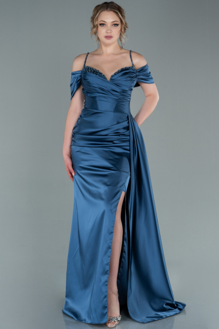 Robe de Soirée Longue Satin Indigo ABU2379