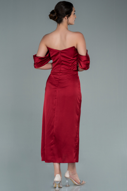 Robe de Cérémonie Midi Satin Rouge Bordeaux ABK1404