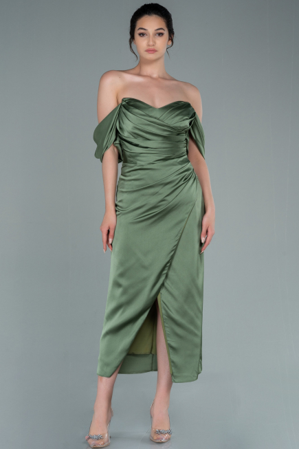 Robe de Cérémonie Midi Satin Kaki ABK1404