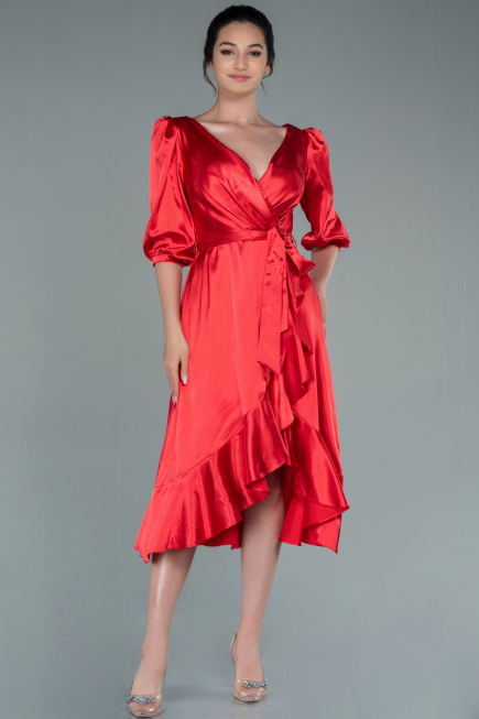 Robe de Cérémonie Midi Satin Rouge ABK1409