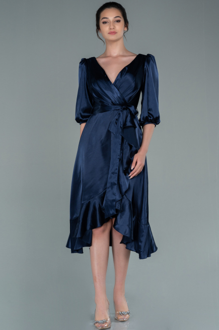 Robe de Cérémonie Midi Satin Bleu Marine ABK1409
