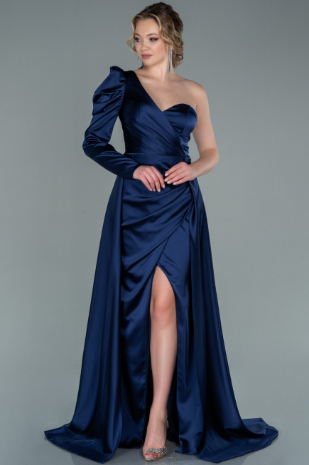 Robe De Soirée Satin Longue Bleu Marine ABU1715