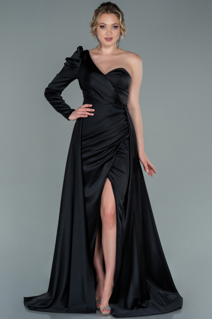 Robe De Soirée Satin Longue Noir ABU1715