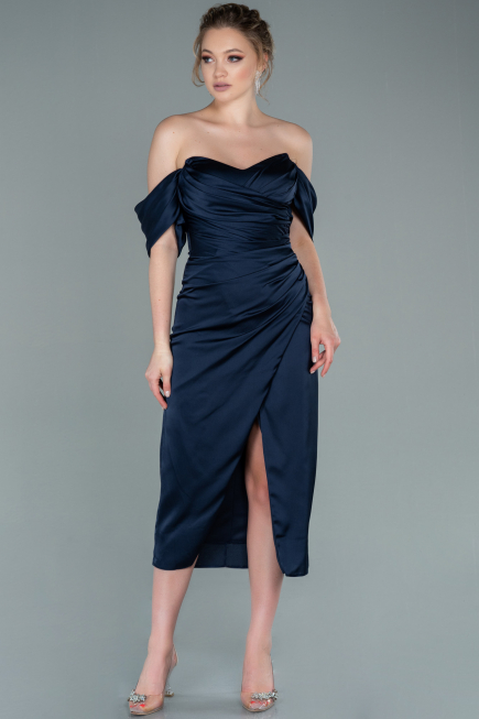 Robe de Cérémonie Midi Satin Bleu Marine ABK1404