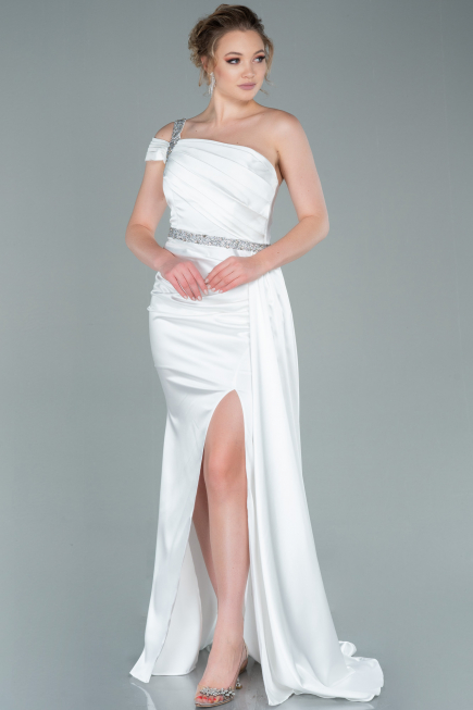 Robe de Soirée Longue Satin Blanc ABU2363