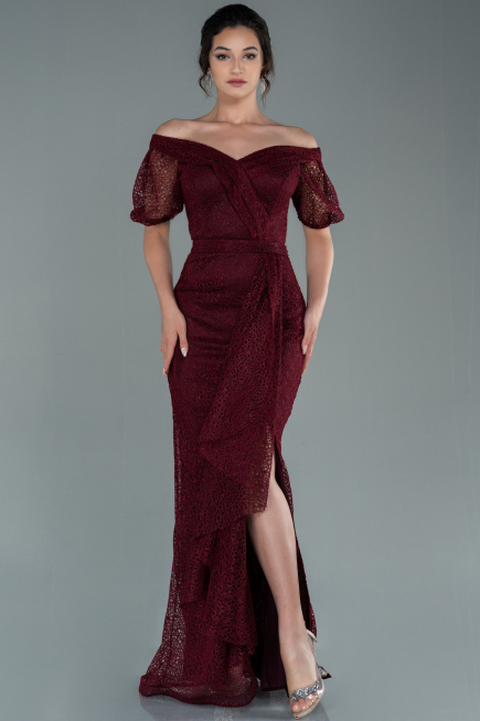 Robe de Soirée Longue Dantelle Rouge Bordeaux ABU2427
