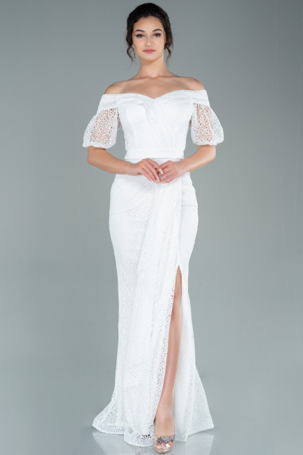 Robe de Soirée Longue Dantelle Blanc ABU2427