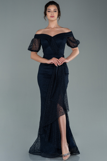 Robe de Soirée Longue Dantelle Bleu Marine ABU2427