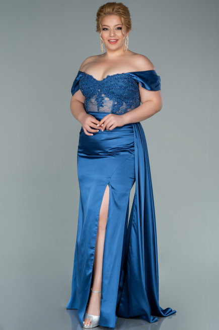 Robe Grande Taille Longue Satin Indigo ABU2371