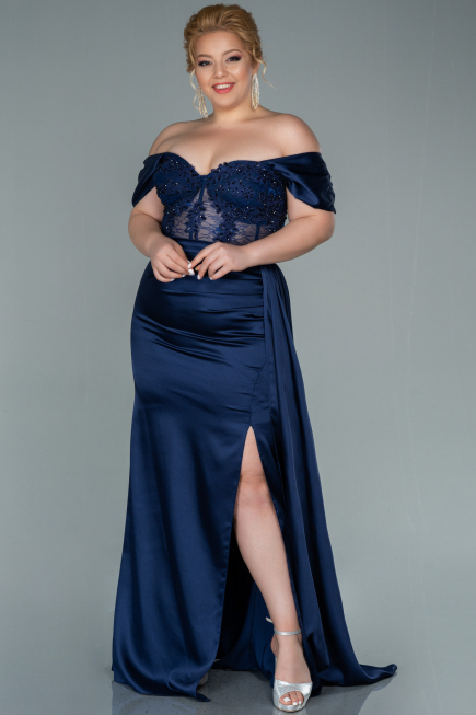 Robe Grande Taille Longue Satin Bleu Marine ABU2371