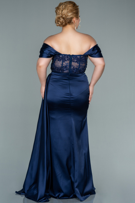 Robe Grande Taille Longue Satin Bleu Marine ABU2371