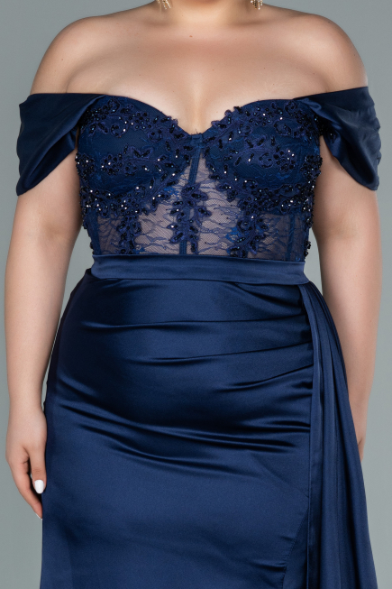 Robe Grande Taille Longue Satin Bleu Marine ABU2371
