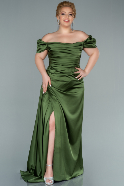 Robe De Soirée Grande Taille Satin Longue Vert Huile ABU1626