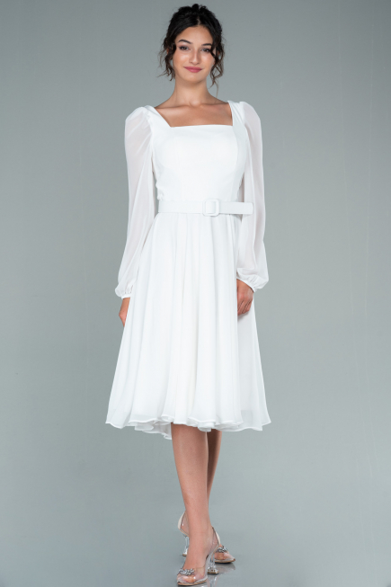 Robe de Cérémonie Midi Mousseline Blanc ABK1441