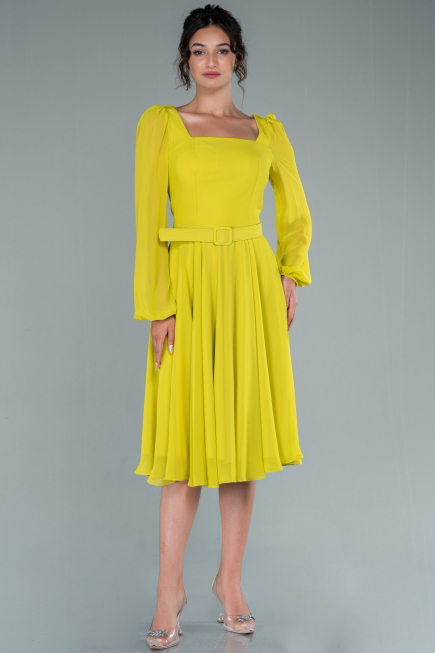 Robe de Cérémonie Midi Mousseline Pistache vert ABK1441