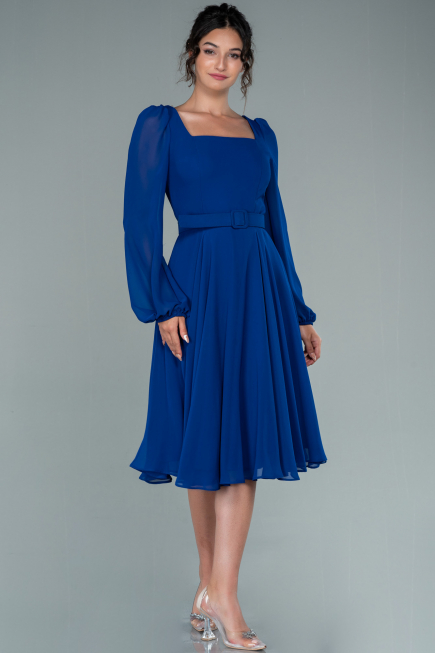 Robe de Cérémonie Midi Mousseline Bleu Saxe ABK1441
