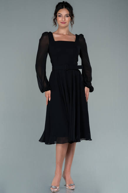 Robe de Cérémonie Midi Mousseline Noir ABK1441