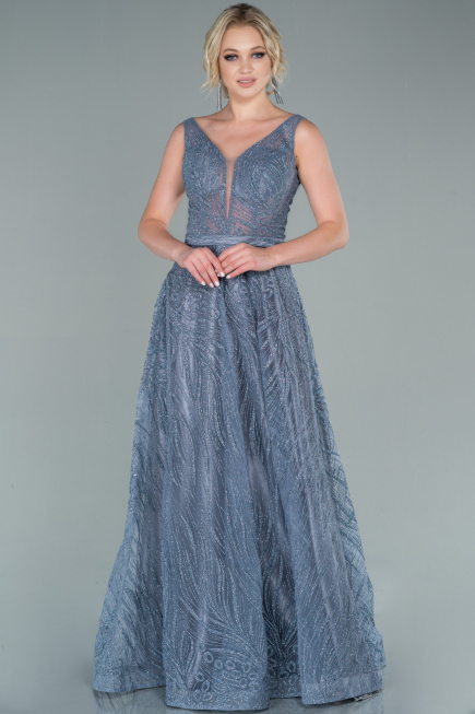 Robe De Soirée Longue Gris ABU2418