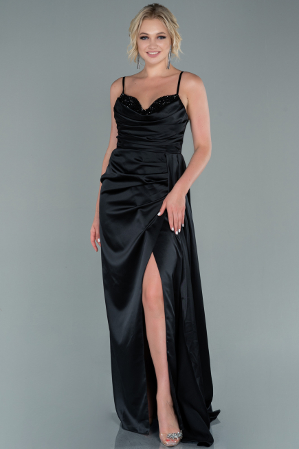 Robe de Soirée Longue Satin Noir ABU2477